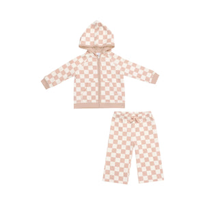 Pink Checkerboard Hoodie & Wide-Leg Pant Set