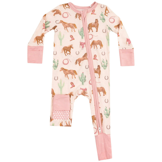 Western Horses 2-Way Zipper Romper, Pink